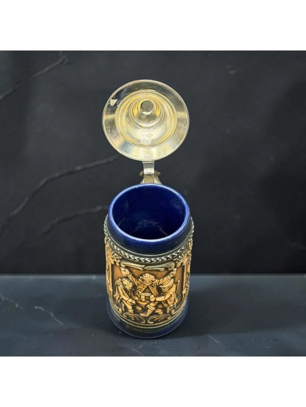 Vintage Gerz West Germany Beer Stein Metal Lid Cobalt Blue Relief Tankard 7